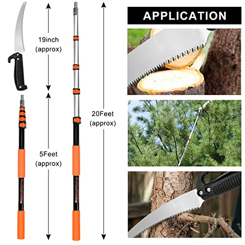 Image of Buyplus 26FT Reach Pole Saws for Tree Trimming, Pole Saw with 5-20FT Telescoping Extension Pole, Pruning Saw with 19 inch 3X Detachable Saw, Non-Slip Handle, Tree Trimmer for Garden Palms Shrubs