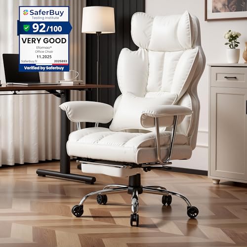 Image of Efomao Big and Tall Office Desk Chair, White | 23.5 inch Wide Dual-Layer Foam Cushion, 135 Reclining PU Leather Desk Seat with Footrest, Independent Movable Lumbar Pillow