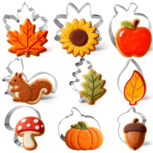 9 Pieces Fall Cookie Cutters Set, Stainless Steel Autumn-Themed Biscuit Mold Includes Mushroom Maple Leaf Oak Leaf Acorn Squirrel Apple Pumpkin Sunflower Baking Decorations