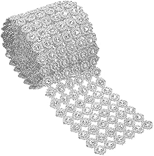 6 Rows Silver Flower Diamond Mesh Wrap Roll, Faux Bling Crystal Rhinestone Ribbon Home Accessories Wrap for Party Decorations, 5 Yard