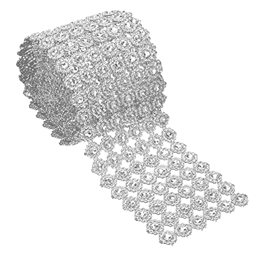 Rhinestone Flower Diamond Mesh Wrap Roll,5 Yard 6 Rows Silver Crystal Rhinestone Diamond Ribbon,Faux Bling Crystal Rhinestone Ribbon Home Accessories Wrap for Party Decoration - Image 3