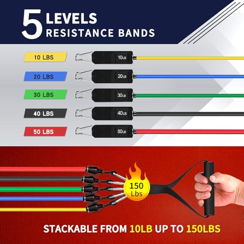 Image of WHATAFIT Resistance Bands, Exercise Bands, Workout Bands with Handles, Door Anchor and Ankle Straps, 5 Resistance Levels Fitness Bands for Strength Training, Physical Therapy, and Home Gym Equipment