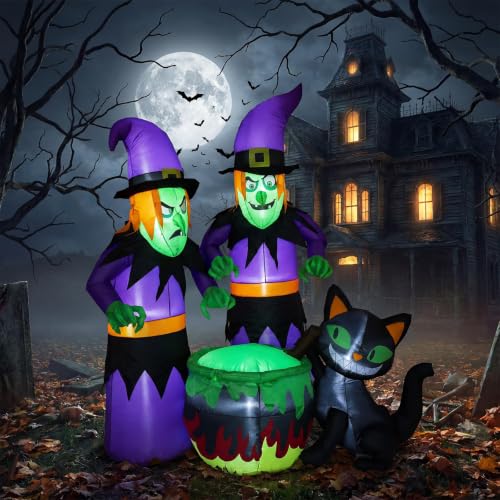 Aptliton 6 FT Halloween Inflatables Witches Black Cat Around Cauldron Decor | In...