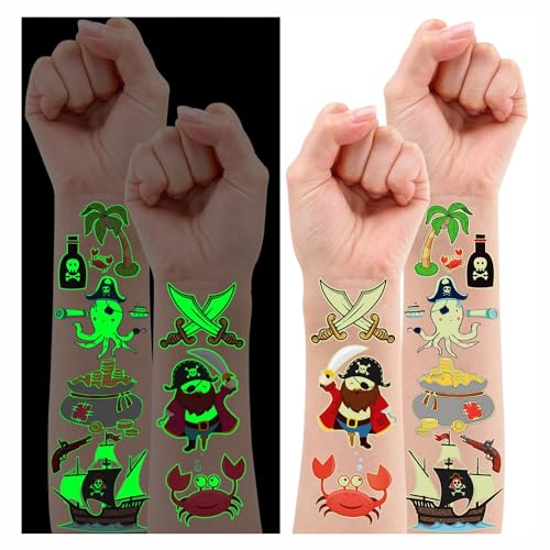Leesgel Luminosos Pirata Tatuajes Temporales Niños, 38 Estilos Pirata Tatuajes Niños Stickers Infantiles, Relleno Piñata Regalos Cumpleaños Niños Colegio Pirata Fiesta Cumpleaños Infantil