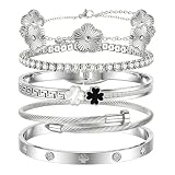 Camhanno Silver Bangle Bracelets for Women - Stainless Steel Stackable Bangles Non-Tarnish Clover Lucky Charm Bracelets, Trendy Gift for Girlfriend/Wife on Christmas Valentine’s Birthday