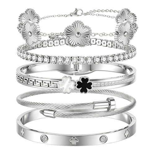 Camhanno 5pcs Gold Stackable Bracelet Set for Women - Stainless