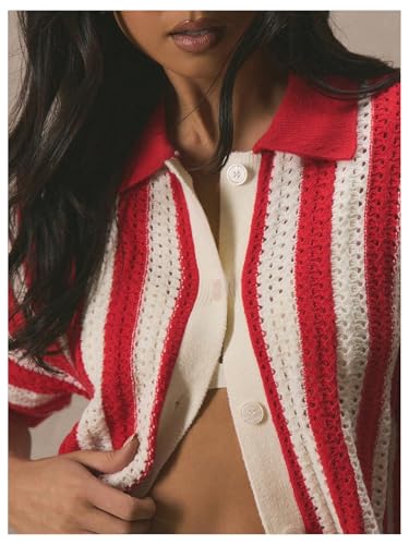 Verdusa Women's Striped Button Down Shirt Y2k Cardigans Colorful Collared Knit Tops Streetwear4