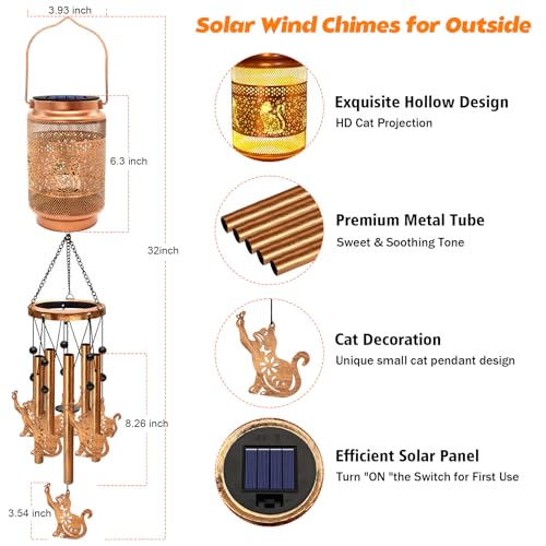 Image of 2 Pack Cat Solar Wind Chimes for Outside, Gifts for Mom Women Grandma Birthday Memorial Teacher, 32 inch Windchimes Outdoor Decor Hanging Solar Lantern for Garden Porch Patio Backyard