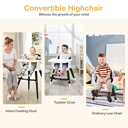 Image of INFANS Baby High Chair, 3 in 1 Convertible Wooden Highchair for Babies & Toddlers, Modern Infant Feeding Chair with 5-Point Safety Harness, Footrest, Adjustable Legs, Removable Tray PU Cushion