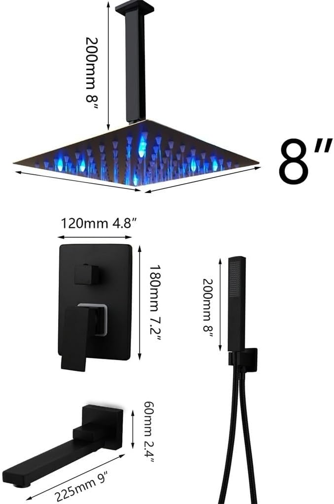 Ceiling Mount LED Shower Faucet Rainfall Bathtub Rain Square Kits Swivel Spout Set image 3
