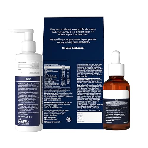 Image of Man Matters Advanced Hair Serum (30ml), DHT-blocking Anti Hairfall Shampoo (200ml) & Biotin Gummies Combo | Reduces Thinning | Strengthens & Nourishes Hair | Formulated for Men | Pack of 3