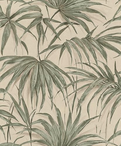 Rasch Noble Zen Akari 435344 - Papel pintado con hojas de bambú en verde y beige, tropical y exótico