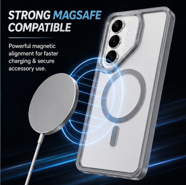 Image of MagPro ClearBack Case with Stand for Samsung Galaxy S24 Anti Yellow, Strong MagSafe Compatible Cover, Shockproof Armor, Scratch Resistant Polycarbonate Hard Back with Soft TPU Bumper Grey