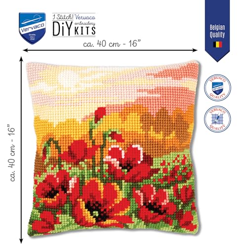 Image of Vervaco Cross Stitch Embroidery Kits Pillow Front for Self-Embroidery with Pattern on 100% Cotton and Thread, 15,75 x Inches - 40 cm, Poppy Meadow