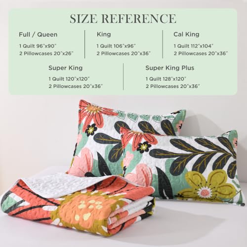 Image of Andency Floral Boho Queen Quilt Bedding Set Green, 3 Pieces Farmhouse Flower Botanical Summer Bedspreads with 2 Shams, Soft Reversible Lightweight Polyester Coverlet Set for All Season, 90 inchx96 inch