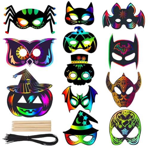 18 pcs Halloween Kratzbilder, Magische Bunte Regenbogen-Scratch-Papierkarte Scratch Crafts Kinder Set mit Bändern Kratzstift Scratch Art… – Ansicht 1