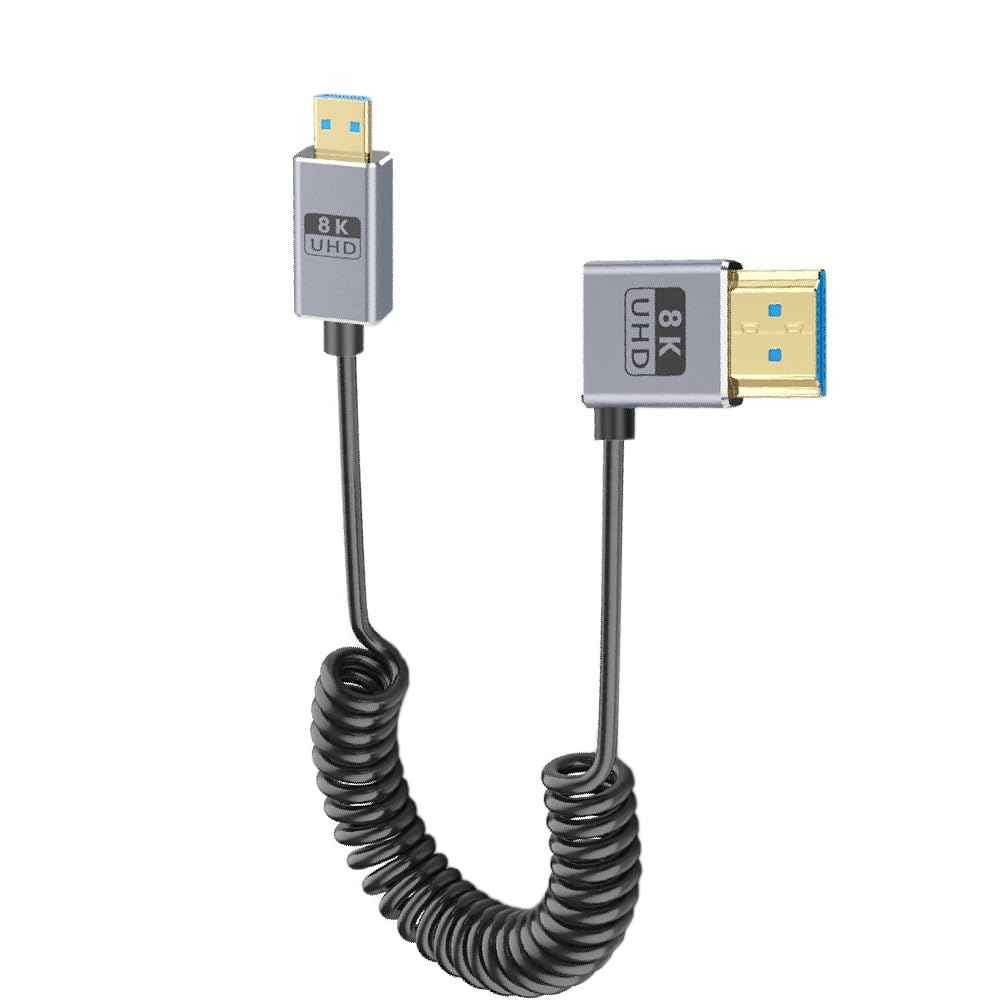 Cable micro HDMI 2.1 a HDMI 2.1 en espiral de 2.1 pies, OD 2.5 mm, HDMI ultrafino 8K a 60Hz, cable coaxial micro HDMI recto macho a HDMI macho de ángulo recto para cámara, videocámara, tableta