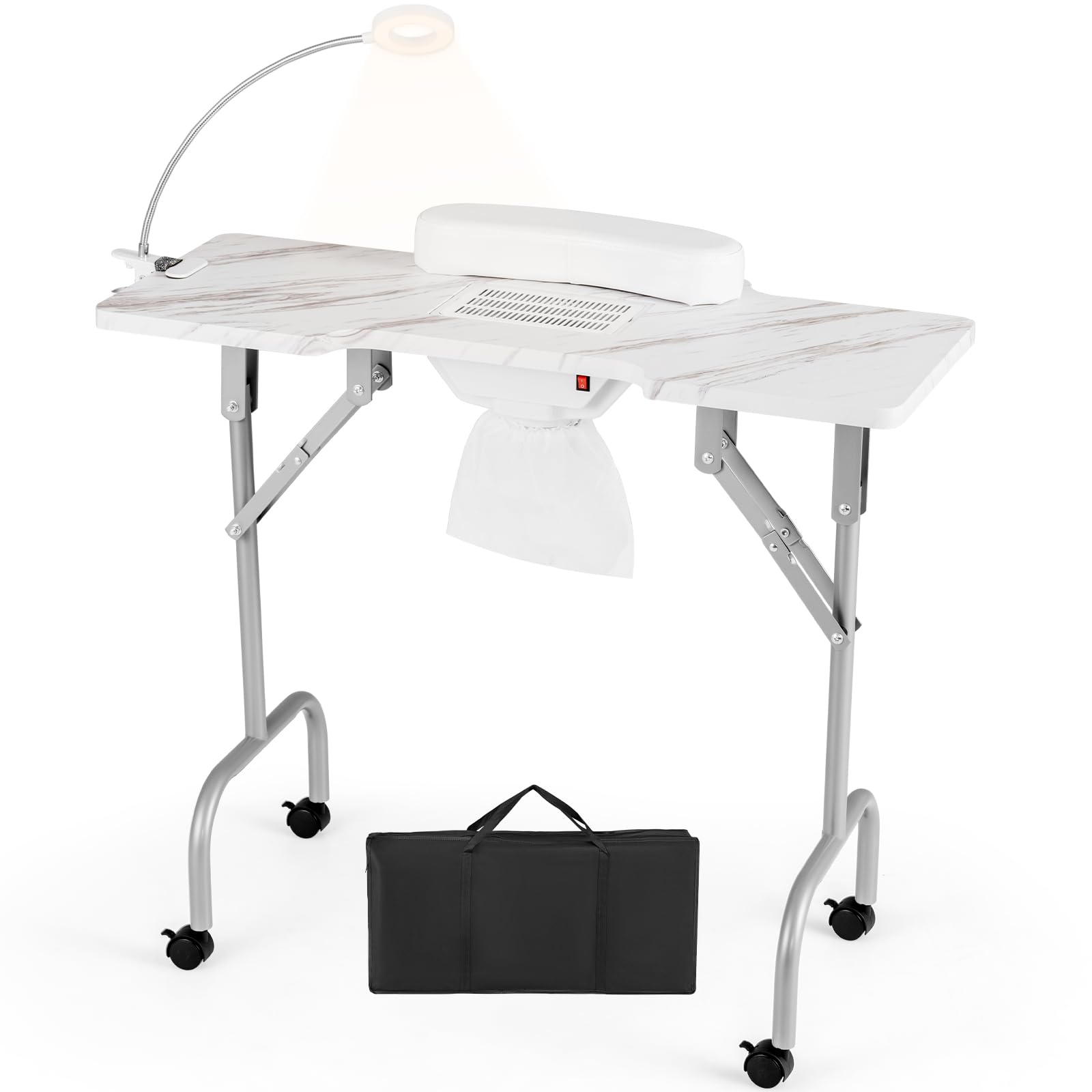 RELAX4LIFE Tavolo per manicure portatile, stazione di lavoro pieghevole per tecnici delle unghie, con collettore di polvere, lampada LED, cuscino da polso rimovibile, borsa per il trasporto, scrivania