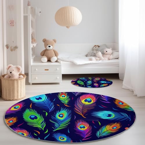 Alfombra Redonda para Dormitorio 90 cm - Abstracto Plumas De Pavo Real Piedras Preciosas Tema Franela Pelusa Corta Alfombras Redondas, Negro Colorido Antideslizante Alfombra para Decoración de Comedor