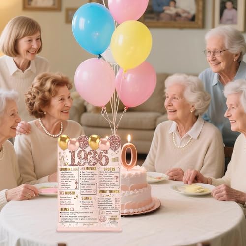 Image of Guiruiy Pink Rose Gold 90th Birthday Decorations for Women, Two-Sided Vintage 90 Back in 1936 Theme Poster Acrylic Table Sign with Stand, Ninety Years Old Bday Centerpieces Holder for Table Decor