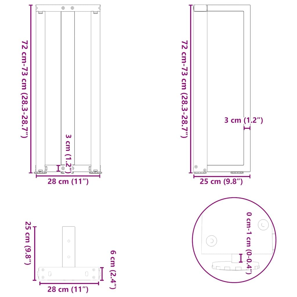 Nogi stołu konsolowego w kształcie litery T ze stali naturalnej 25 x 28 x (72-73) cm, 2 sztuki, stabilny stelaż stołu z regulacją wysokości, płyta montażowa i śruby, idealne do salonu i