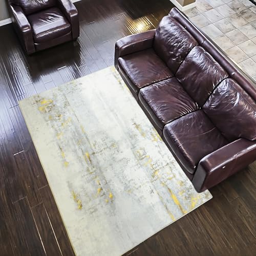 Terafeels Alfombra abstracta lavable, 80 x 150 cm, alfombra de pelo corto, moderna alfombra antideslizante para puerta, entrada, alfombra para dormitorio, cocina, pasillo, decoración gris y dorado,
