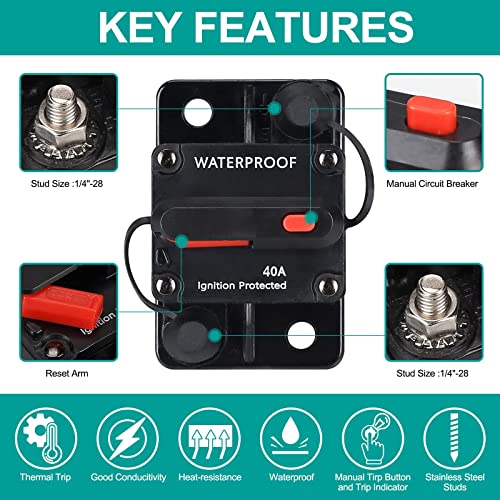Jacaween 40 Amp Circuit Breaker,Waterproof,With Manual Reset,12V-48V Dc, For Car Marine Trolling Motors Boat Atv Manual Power Protect New01 0 #TOP4