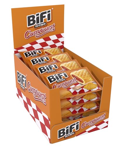 BiFi Currywurst - Aperitivos de salami, pack de 20 unidades de 60 g, con salsa de curry en delicioso hojaldre, salchicha en panecillo de trigo, para llevar, para viajes, oficina, deporte