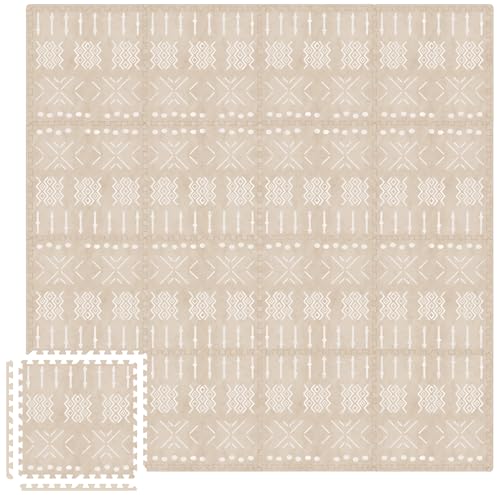 MOON WALKERS Stylish Boho Baby Play Mats for Floor, Play Mat for Babies and Toddlers, Non-Toxic, Soft, Thick, Tummy Time Mat for Crawling (Beige Aztec, Playroom 8x8ft | 16 Tiles)