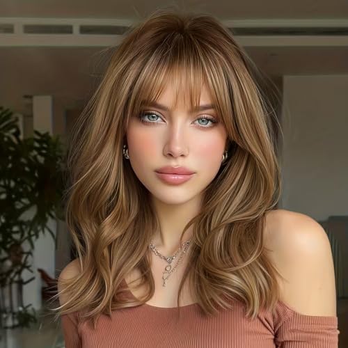 Lativ Brown Highlight Layered Wig with Bangs for Women 4x4 Realistic Scalp