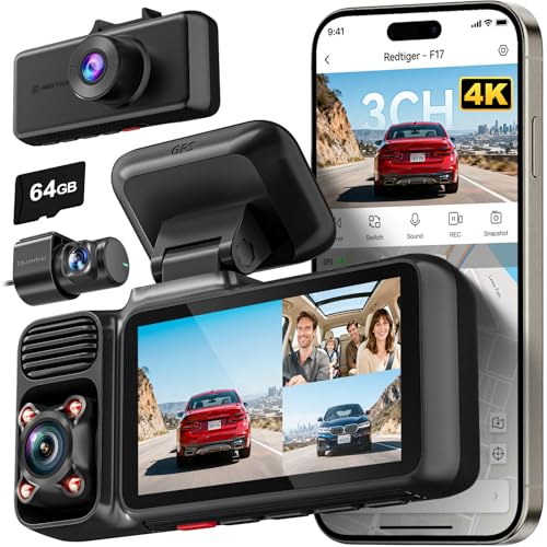 REDTIGER F17 4K 3 Channel Dash Cam, 5GHz WiFi Built-in GPS with 64GB Card, 2160P+1080P+1080P Front...