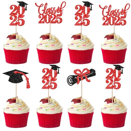 Rsstarxi 24 Pack Graduation Cupcake Toppers 2025 Red and Bluck Class of 2025 Decorations Cap Diploma Cupcake Picks for 2025 Graduation Theme Party Cake Decorations