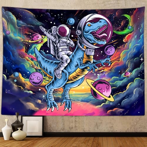 Funny Space Astronaut Dinosaur Tapestry for Men Guys Bedroom, Cool Trippy Universe Planet Art Tapestries Wall Hanging College Dorm Boys Room Decor 90"X70" Psychedelic Blacklight Galaxy Poster Blanket