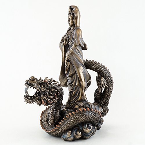 Top Collection 13" H 10.5" L Guan Yin Riding Dragon Statue. Bronze Powder Mixed with Resin - Bronze Antique Finish. East Asian Goddess of Compassion and Mercy. - Thumbnail 3