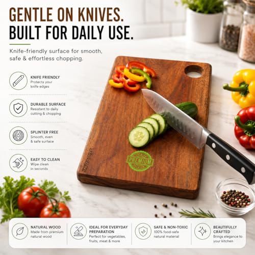 Image of Wooden Chopping Board for Kitchen | Single Block Acacia Chopping Board Wood | Wooden Chopping Board | Cutting Board Wooden for Vegetables, Fruits & Meat | Serving Board (38 x 20 x 1.5 cm)