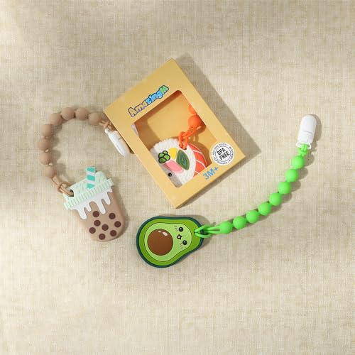 Image of Baby Food Grade Silicone Teether Toy with Pacifier Clip Holder,Teething Toys Gift Set for 3 Months+ Boys and Girls,Freezer Safe,BPA Free. (Avocado)