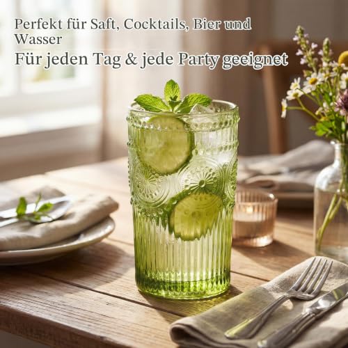 Kingrol 6 Stück 350ml Vintage Trinkgläser, 12oz geprägte romantische Wassergläser, Glasbecher-Set für Saft, Getränke, Bier, Cocktail (Grün) – Ansicht 5