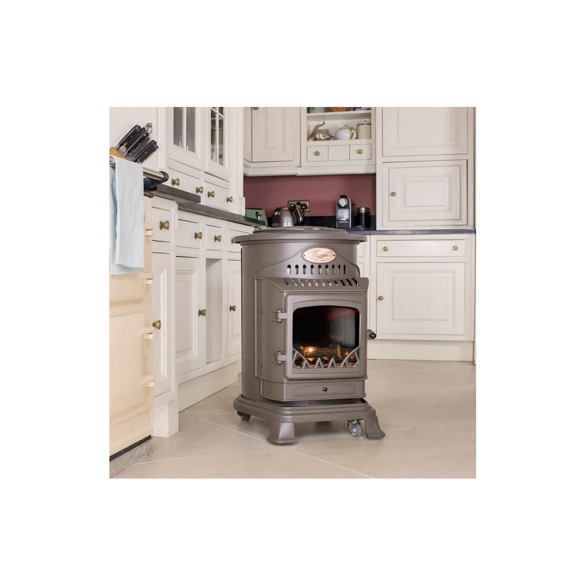 Chauffage d'appoint gaz Provence 3,4 KW Marron miel Effet poêle à bois Fonte Tuyau gaz vissable 1.5 m + detendeur butane