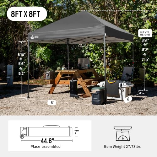 Image of CROWN SHADES 8x8 Pop Up Canopy - Patented Center Lock One Push Instant Outdoor Canopy Beach Tent with STO-N-Go Bag 8 Stakes & 4 Sand Bags,Grid Grey