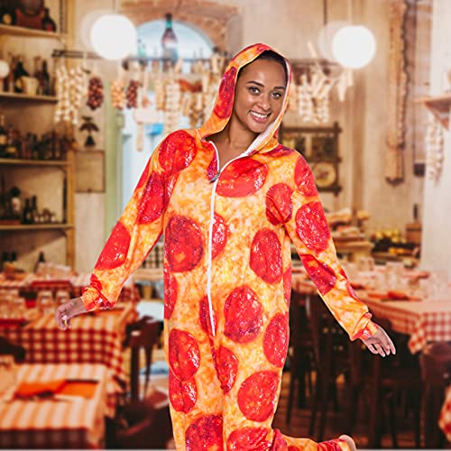 image for Hooded Pizza Jumpsuit - Adult Pepperoni Pizza Costume - Print Long Sle