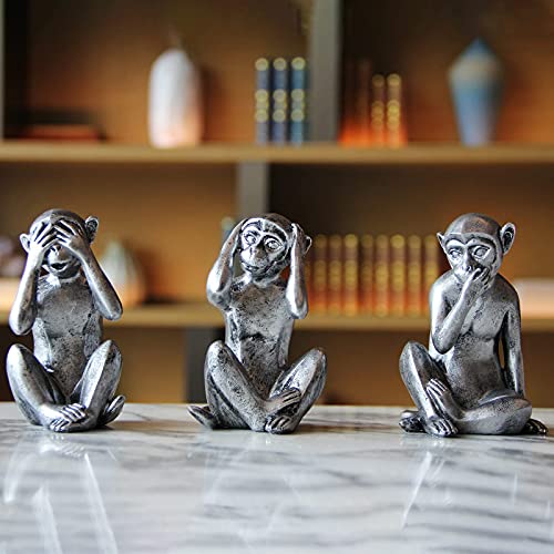 3 Wise Monkeys Statue - Hear No Evil See No Evil Speak No Evil Monkeys Statue For Home Decorations,Monkeys Figurines Home Decor Accents,See No Evil Figurines Monkey Statue Set Of 3 Silver Color #TOP6