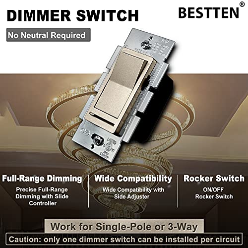 [10 Pack] Bestten Champagne Gold Dimmer Wall Light Switch With Wallplates, Single Pole Or 3-Way, Compatible With Dimmable Led, Cfl, Incandescent And Halogen Bulb, 120Vac, Ul Listed #TOP2