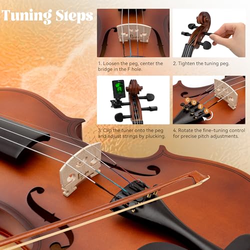Image of Poseidon 3 /4 Violin Set for Beginner - Premium Handcraft Violin for Beginner Adults with Hard Case, Bow, Rosin, Extra Violin Strings 3 /4 Full Set, Shoulder Rest, Clip-on Tuners - Matte Brown