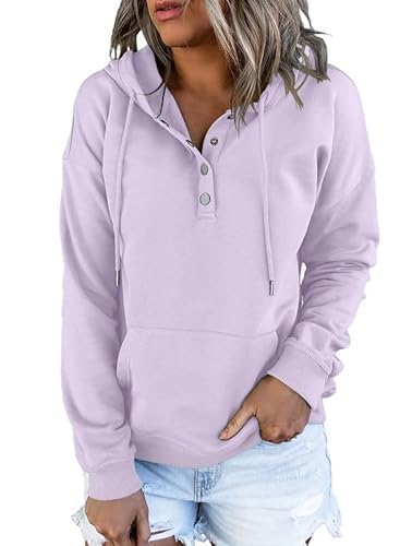 Dokotoo Womens 2025 Hoodies Button Collar Drawstring Hooded Pullover Sweatshirt Casual Long Sleeve Tops Shirts