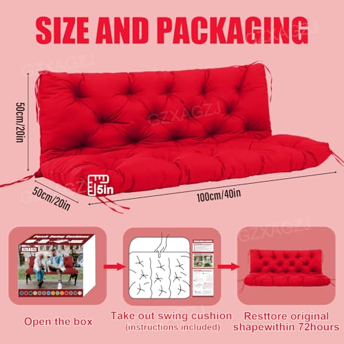 Image of Porch Swing Cushions Outdoor 40x40 inch Waterproof Extra Thick 5 inch Swing Cushions Replacement with Backrest and Ties for Outdoor Furniture Porch Patio Garden Lawn (Bright red)