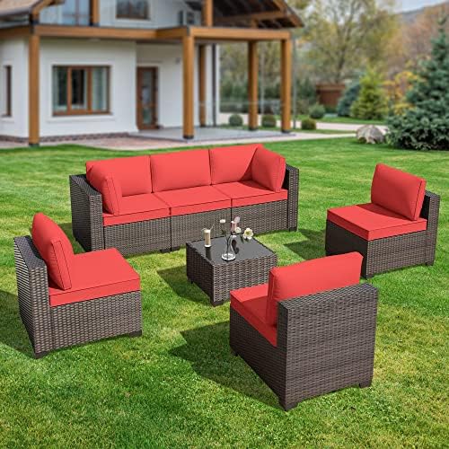 GREZJXC 7 Pieces Outdoor Patio Furniture Set Wicker Sectional Sofa with Cushions & Tea Table Patio Rattan Conversation Chair Sofa Set Red