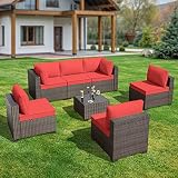 GREZJXC 7 Pieces Outdoor Patio Furniture Set Wicker Sectional Sofa with Cushions & Tea Table Patio R
