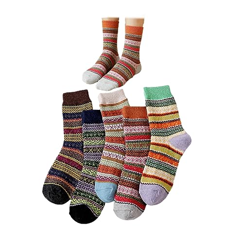 Image of 5-Pairs Vintage Knitting Stripe Reindeer Wave Pattern Women's Fluffy Cute Crew Socks Warm Soft Cotton Calf Socks