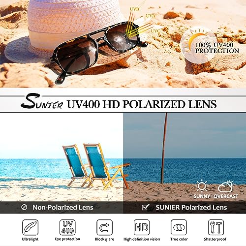 Sunier Trendy Sunglasses for Womens and Mens, Polarized Retro Pilot Shades with UV400 Protection Lenses4