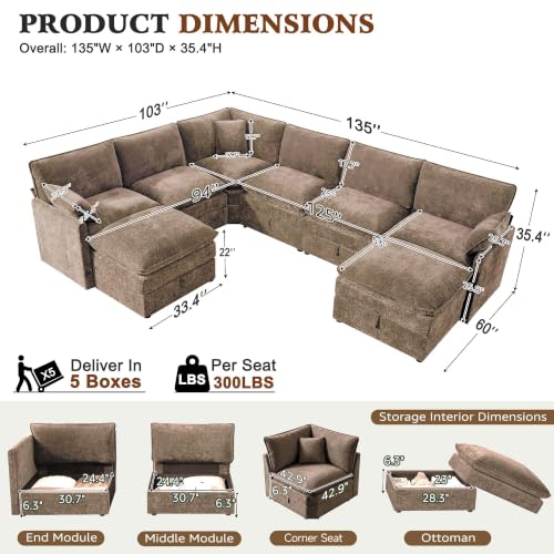 Image of Ihanherry Oversized Modular Sectional Sofa with Storag, 8-Seater V Shaped Cloud Couch with Movable Ottomans, Chenille Deep Seat Corner Couches for Living Room (Brown)